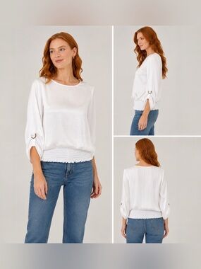 Michael Kors White Satin Peasant Blouse Smocked Waist Roll Tab Sleeve Top S